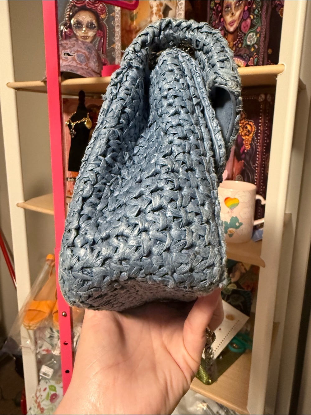 Sandro Paris Yza Raffia Shoulder Bag | Blue Woven Top Handle Purse - Picture 13 of 17